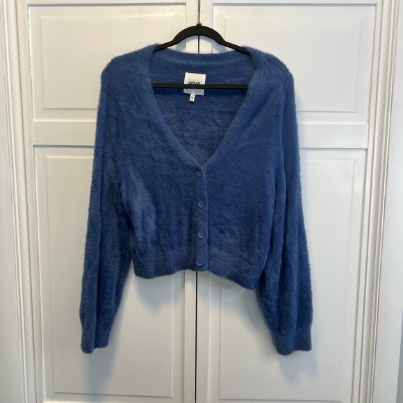 aerie Sweaters - Aerie Fuzzy Cropped Cardigan Sweater Size Women’s Large Color Blue